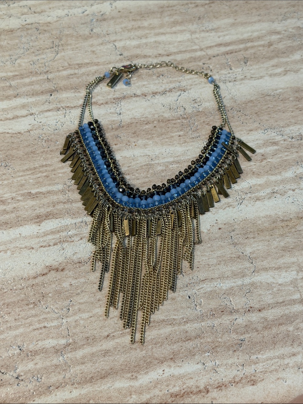 White House Black Market Blue and Gold Fringe Bib Necklace